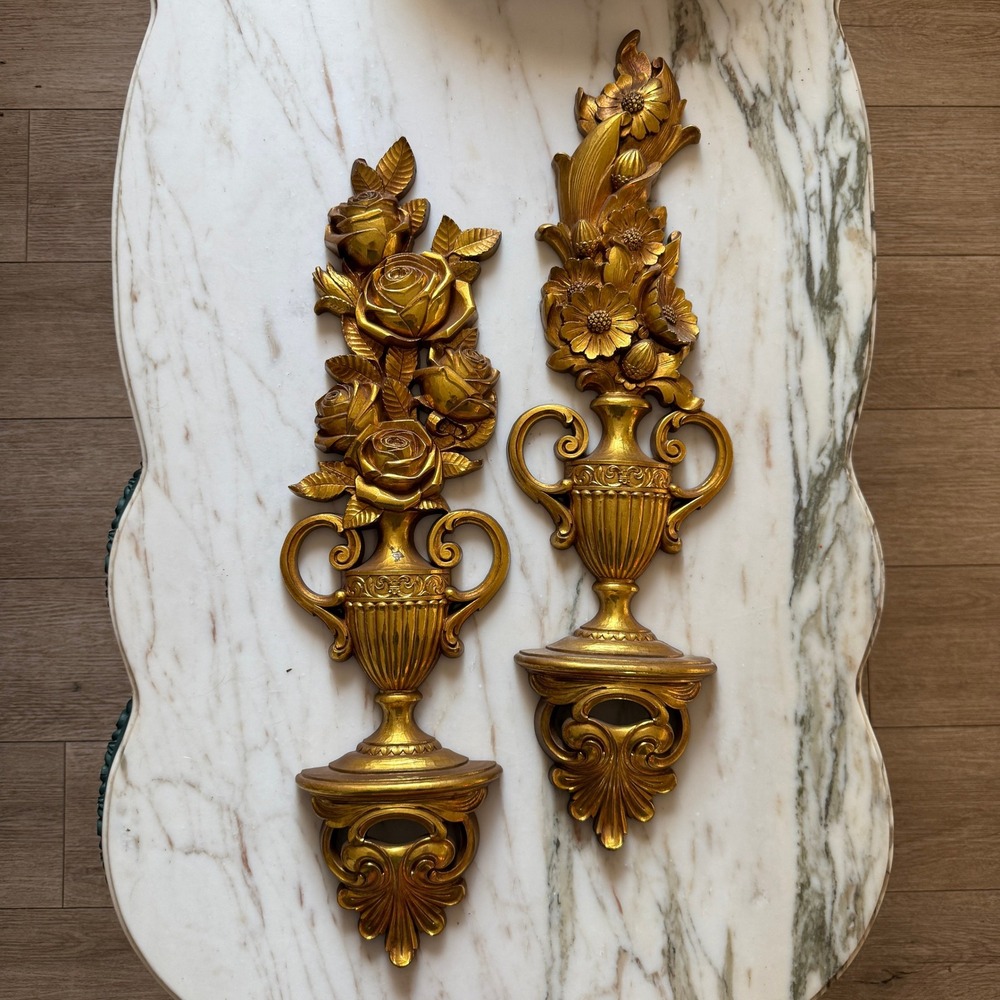 Vintage Gold Ornate Flowers in Vases Syroco Wall Decor, Set of 2, 1970